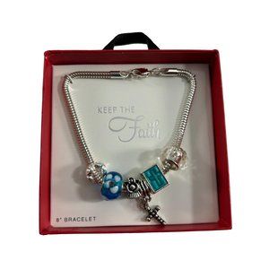 Keep the Faith Bracelet Beaded Silver Tone Blue Slide Charms Christian Religious